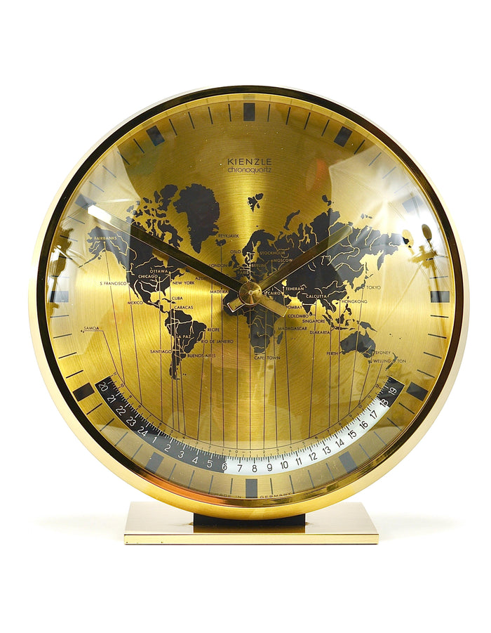 Kienzle GMT World Time Zone Brass Table Clock, Midcentury, Germany, 1960s