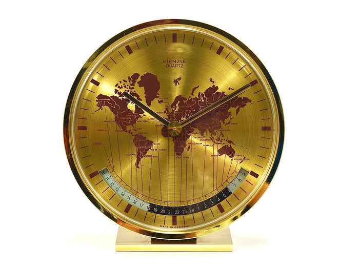 Kienzle GMT World Time Zone Brass Table Clock, Midcentury, Germany, 1960s