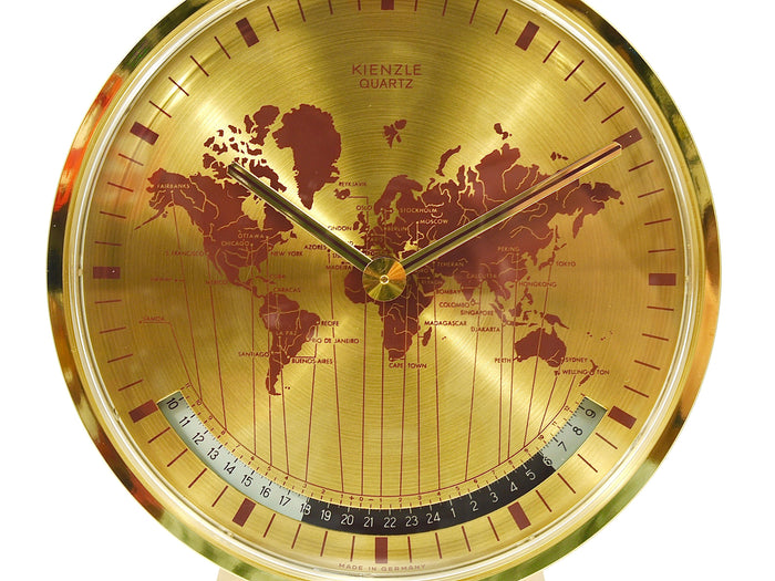 Kienzle GMT World Time Zone Brass Table Clock, Midcentury, Germany, 1960s