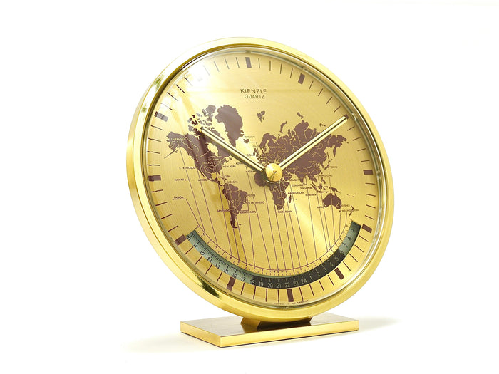 Kienzle GMT World Time Zone Brass Table Clock, Midcentury, Germany, 1960s
