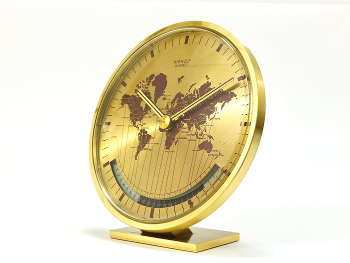 Kienzle GMT World Time Zone Brass Table Clock, Midcentury, Germany, 1960s