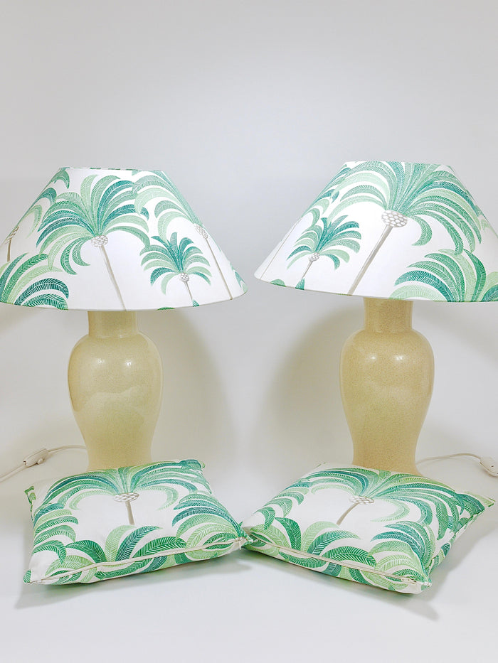 Pair Tommaso Barbi Riviera Palm Tree 1970s Table Lamps With Matching Pillows