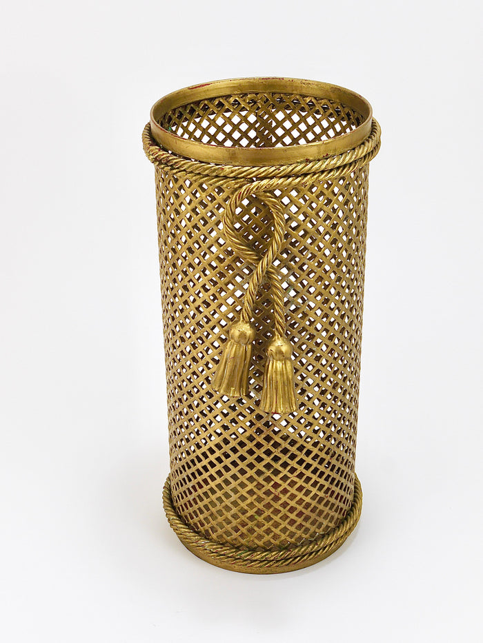 Hollywood Regency Gilt Metal Rope & Tassel Umbrella Stand, Li Puma Firenze, 1950