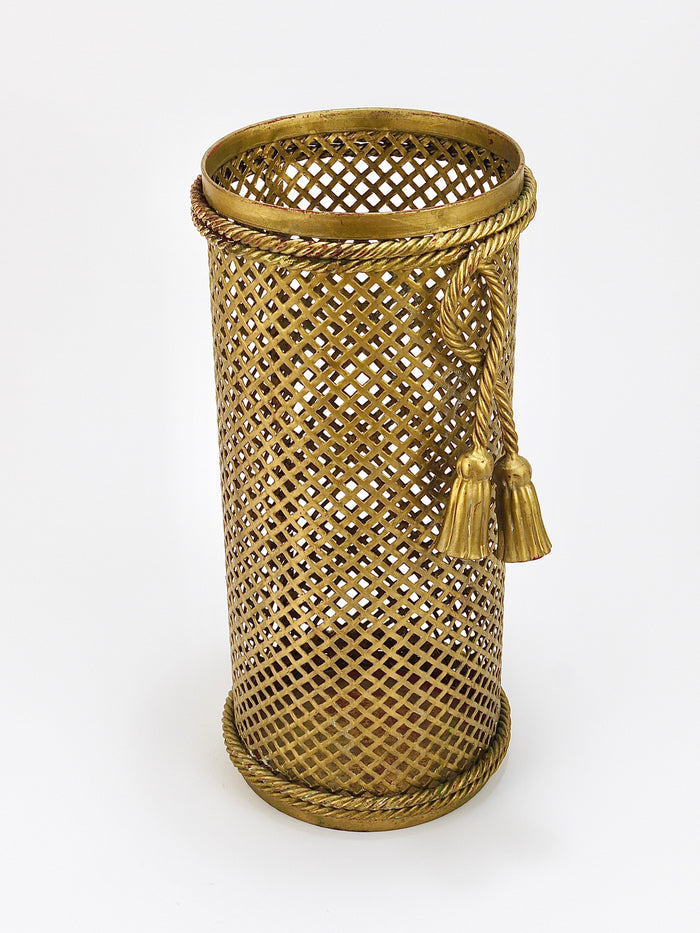 Hollywood Regency Gilt Metal Rope & Tassel Umbrella Stand, Li Puma Firenze, 1950