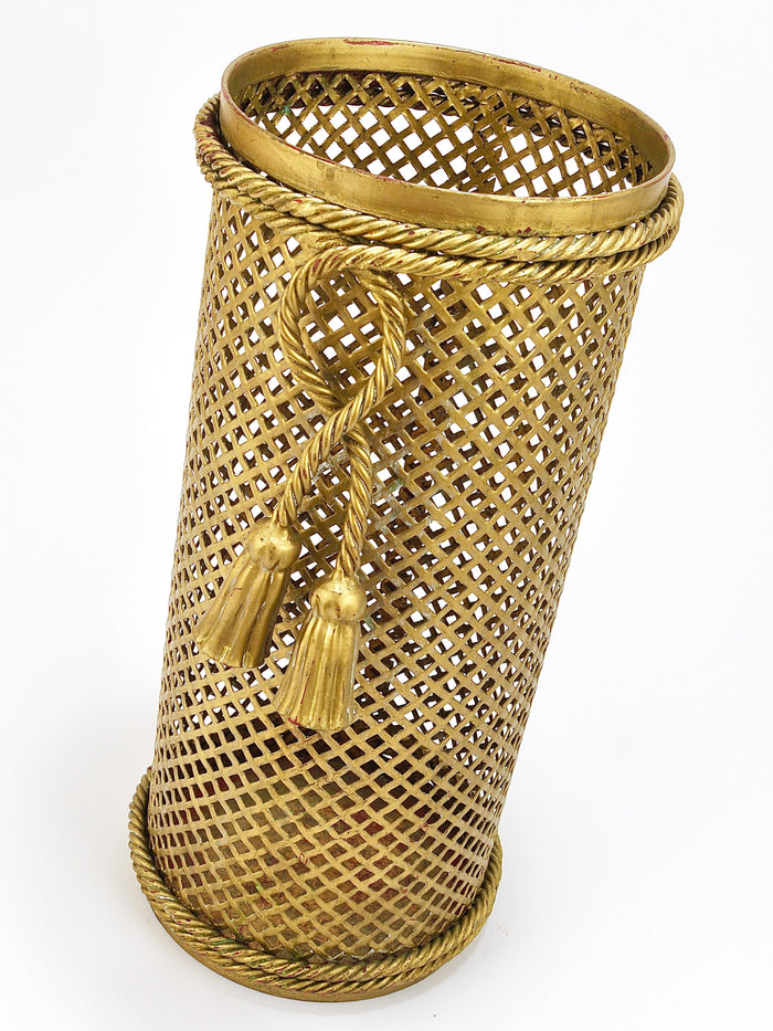 Hollywood Regency Gilt Metal Rope & Tassel Umbrella Stand, Li Puma Firenze, 1950