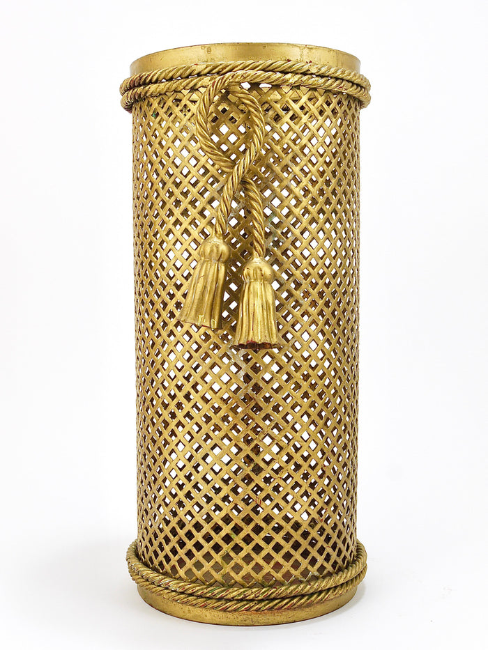 Hollywood Regency Gilt Metal Rope & Tassel Umbrella Stand, Li Puma Firenze, 1950
