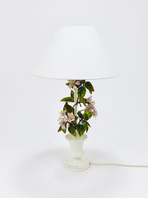 Lampada da tavolo Salvadori in toleware dipinta a mano con fiori di melo selvatico, Italia, anni 1950