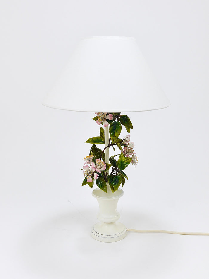 Salvadori Hand Painted Wild Apple Blossom Toleware Table Lamp, Italy, 1950s