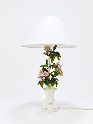 Lampada da tavolo Salvadori in toleware dipinta a mano con fiori di melo selvatico, Italia, anni 1950