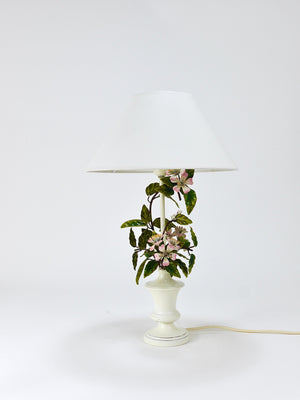 Lampada da tavolo Salvadori in toleware dipinta a mano con fiori di melo selvatico, Italia, anni 1950