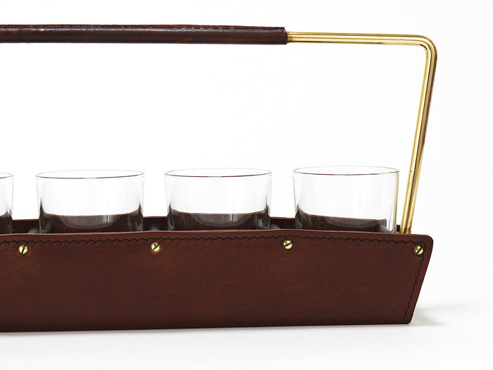 Carl Auböck II Drinking Glass Carrying Rack, Leather & Brass, Austria 1950s