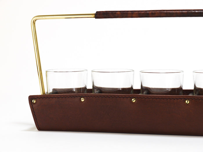 Carl Auböck II Drinking Glass Carrying Rack, Leather & Brass, Austria 1950s