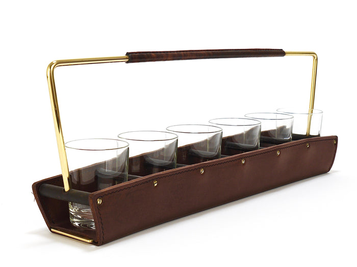 Carl Auböck II Drinking Glass Carrying Rack, Leather & Brass, Austria 1950s