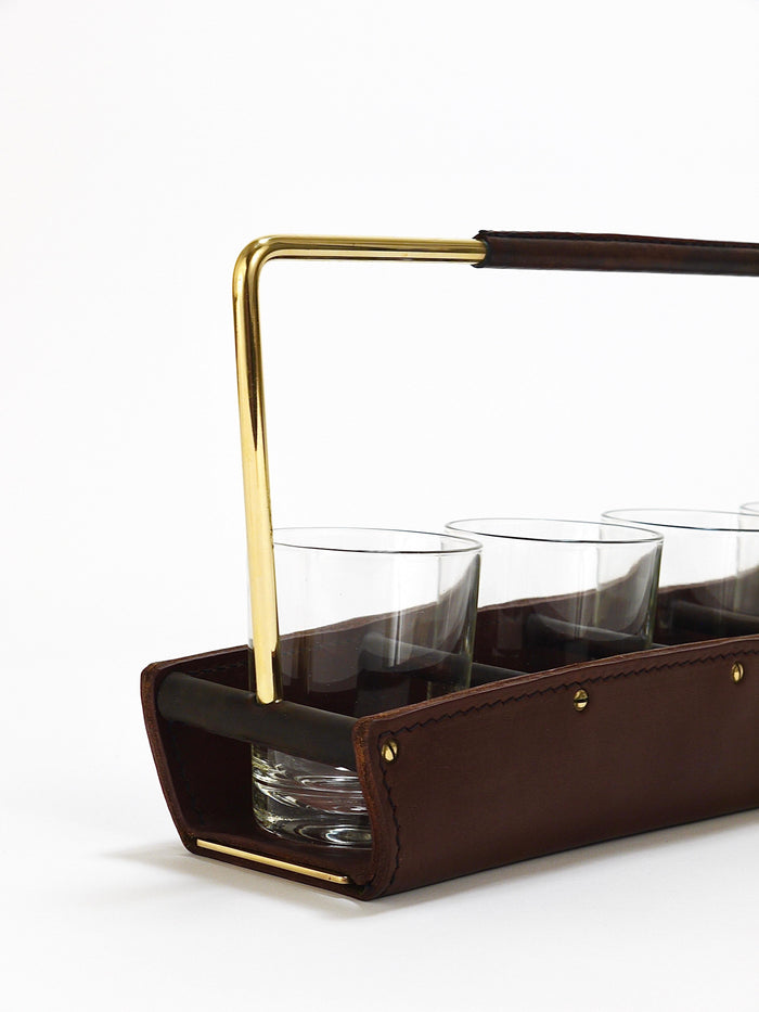 Carl Auböck II Drinking Glass Carrying Rack, Leather & Brass, Austria 1950s