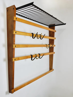 Rare Carl Auböck Coat Rack With Hat Rack, Wardrobe, Brass, Walnut & Beech, 1950s