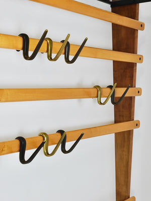Rare Carl Auböck Coat Rack With Hat Rack, Wardrobe, Brass, Walnut & Beech, 1950s