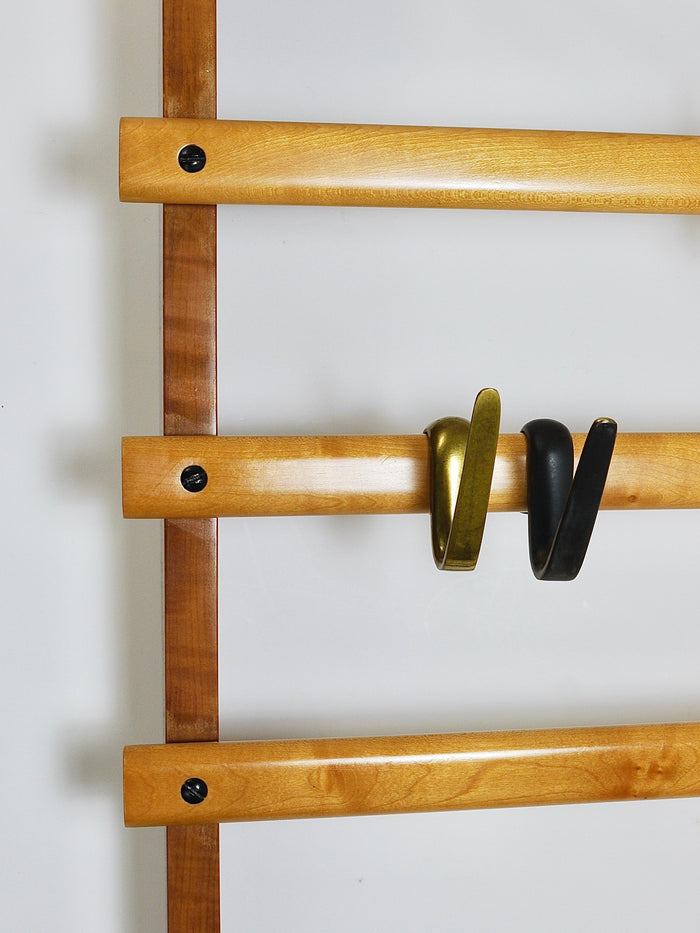 Rare Carl Auböck Coat Rack With Hat Rack, Wardrobe, Brass, Walnut & Beech, 1950s