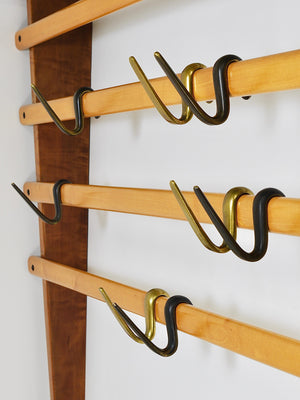 Rare Carl Auböck Coat Rack With Hat Rack, Wardrobe, Brass, Walnut & Beech, 1950s