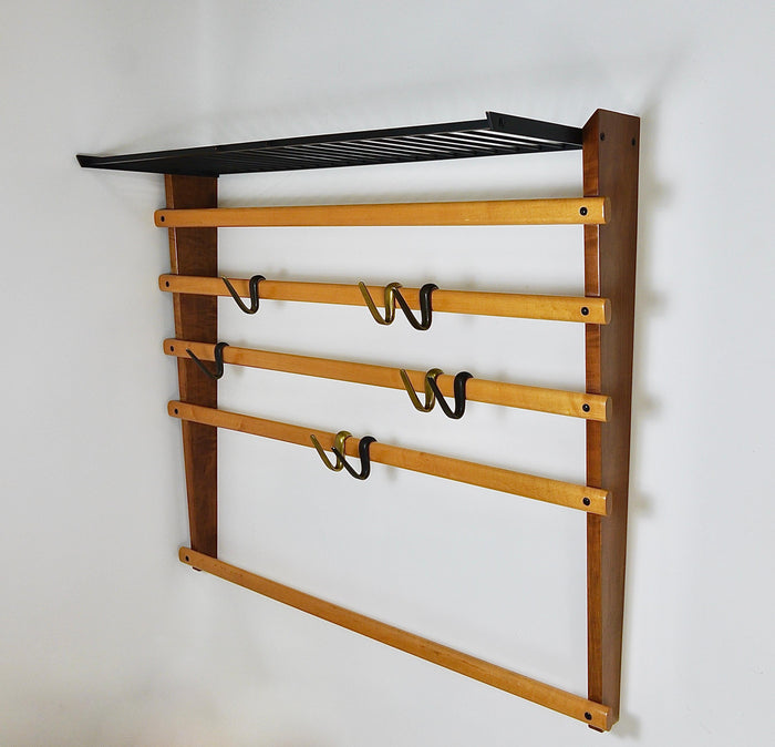 Rare Carl Auböck Coat Rack With Hat Rack, Wardrobe, Brass, Walnut & Beech, 1950s