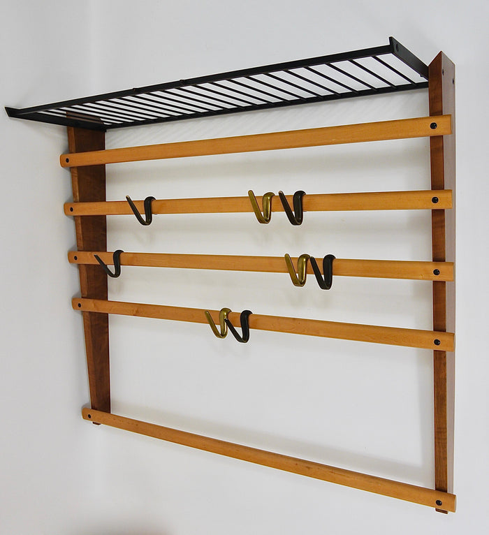 Rare Carl Auböck Coat Rack With Hat Rack, Wardrobe, Brass, Walnut & Beech, 1950s