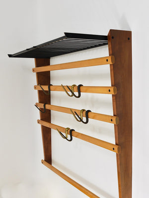 Rare Carl Auböck Coat Rack With Hat Rack, Wardrobe, Brass, Walnut & Beech, 1950s