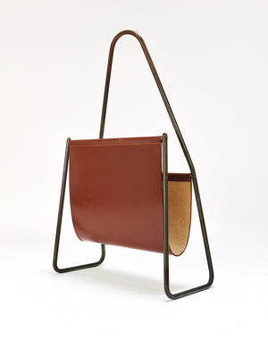 Carl Auböck II Midcentury Magazine Rack, Brass & Brown Leather, Vintage, Austria