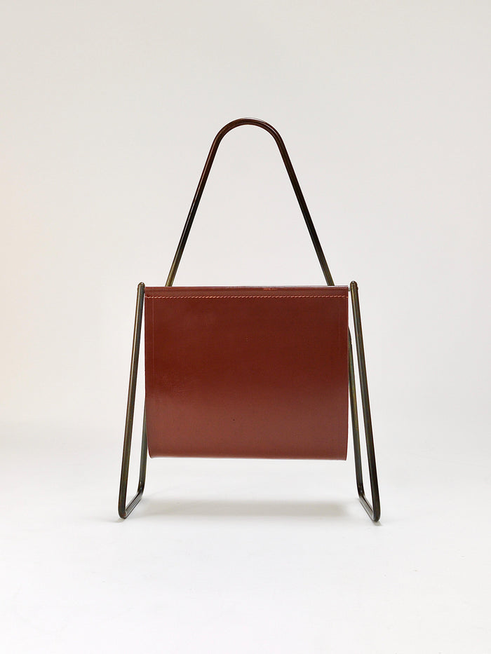 Carl Auböck II Midcentury Magazine Rack, Brass & Brown Leather, Vintage, Austria