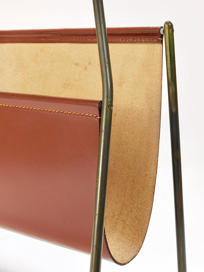 Carl Auböck II Midcentury Magazine Rack, Brass & Brown Leather, Vintage, Austria