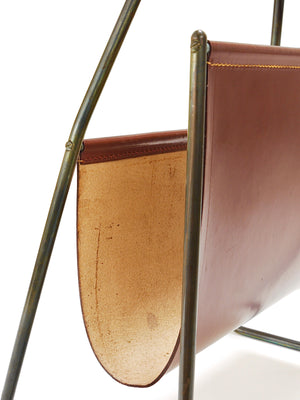 Carl Auböck II Midcentury Magazine Rack, Brass & Brown Leather, Vintage, Austria
