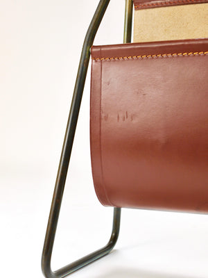 Carl Auböck II Midcentury Magazine Rack, Brass & Brown Leather, Vintage, Austria