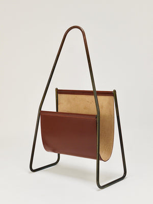 Carl Auböck II Midcentury Magazine Rack, Brass & Brown Leather, Vintage, Austria
