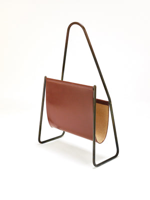 Carl Auböck II Midcentury Magazine Rack, Brass & Brown Leather, Vintage, Austria