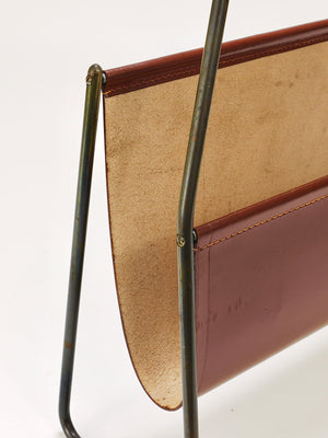 Carl Auböck II Midcentury Magazine Rack, Brass & Brown Leather, Vintage, Austria