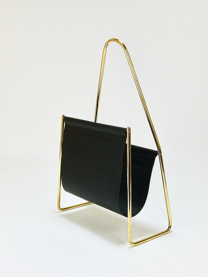 Carl Auböck II Midcentury Magazine Rack, Brass & Black Leather, Vintage, Austria