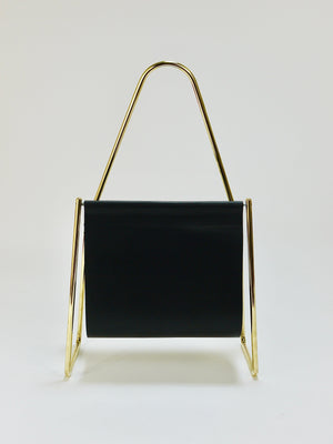 Carl Auböck II Midcentury Magazine Rack, Brass & Black Leather, Vintage, Austria