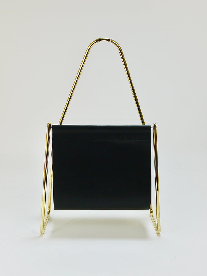 Carl Auböck II Midcentury Magazine Rack, Brass & Black Leather, Vintage, Austria