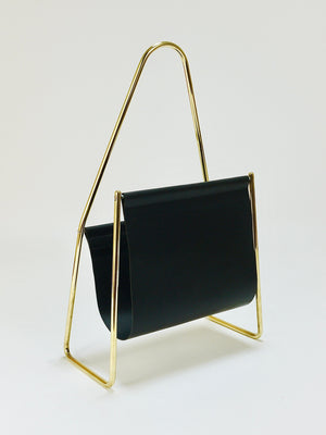 Carl Auböck II Midcentury Magazine Rack, Brass & Black Leather, Vintage, Austria