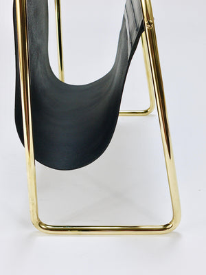 Carl Auböck II Midcentury Magazine Rack, Brass & Black Leather, Vintage, Austria