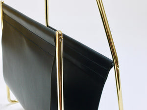 Carl Auböck II Midcentury Magazine Rack, Brass & Black Leather, Vintage, Austria