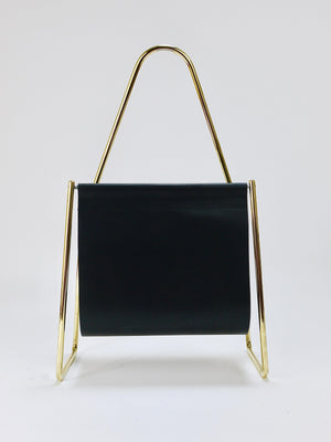 Carl Auböck II Midcentury Magazine Rack, Brass & Black Leather, Vintage, Austria