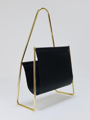 Carl Auböck II Midcentury Magazine Rack, Brass & Black Leather, Vintage, Austria