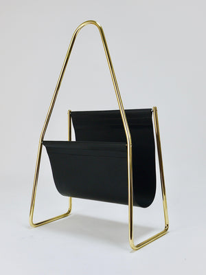 Carl Auböck II Midcentury Magazine Rack, Brass & Black Leather, Vintage, Austria