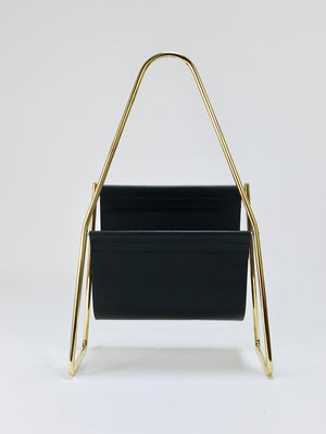Carl Auböck II Midcentury Magazine Rack, Brass & Black Leather, Vintage, Austria