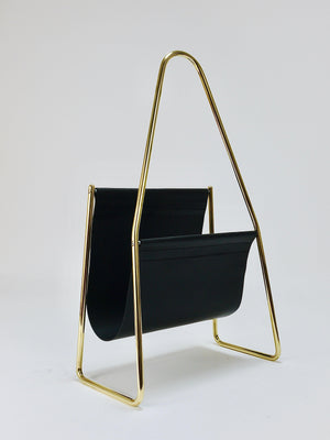 Carl Auböck II Midcentury Magazine Rack, Brass & Black Leather, Vintage, Austria