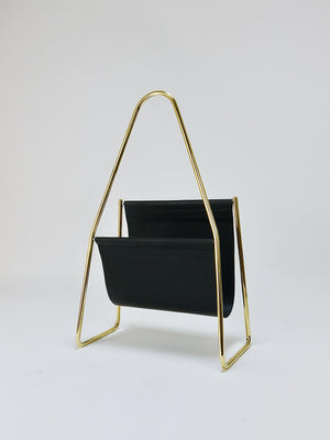 Carl Auböck II Midcentury Magazine Rack, Brass & Black Leather, Vintage, Austria