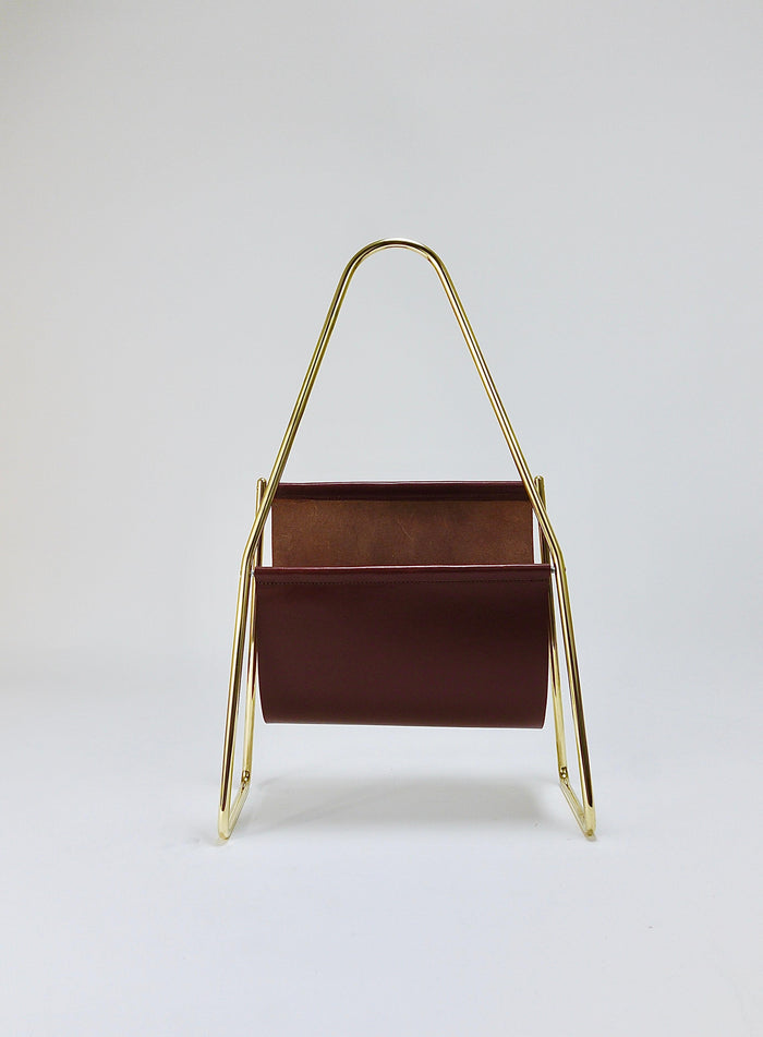Carl Auböck II Midcentury Magazine Rack, Brass & Brown Leather, Vintage, Austria
