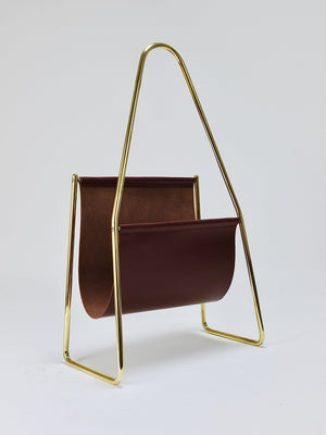Carl Auböck II Midcentury Magazine Rack, Brass & Brown Leather, Vintage, Austria