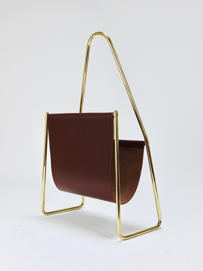 Carl Auböck II Midcentury Magazine Rack, Brass & Brown Leather, Vintage, Austria