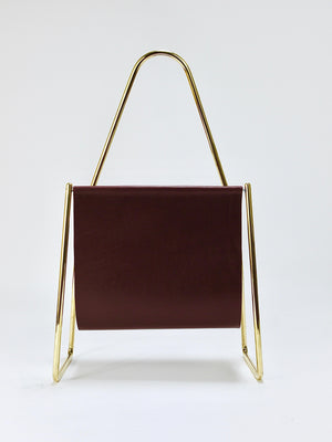 Carl Auböck II Midcentury Magazine Rack, Brass & Brown Leather, Vintage, Austria