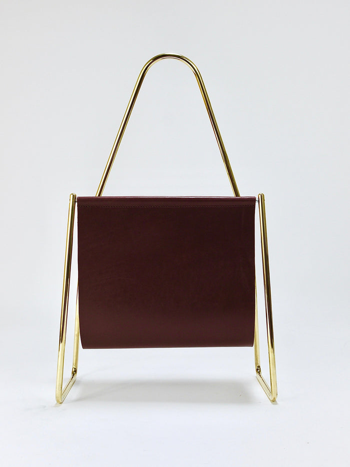 Carl Auböck II Midcentury Magazine Rack, Brass & Brown Leather, Vintage, Austria